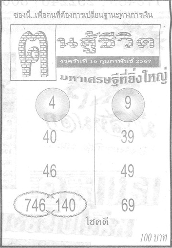 หวยคนสู้ชีวิต 16/2/67