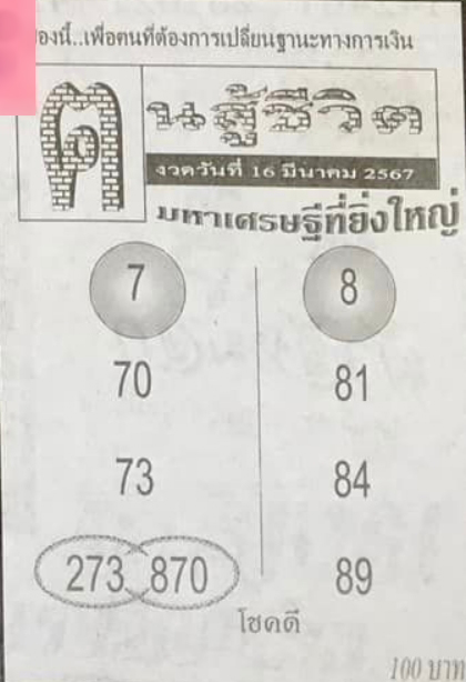 หวยคนสู้ชีวิต 16/3/67