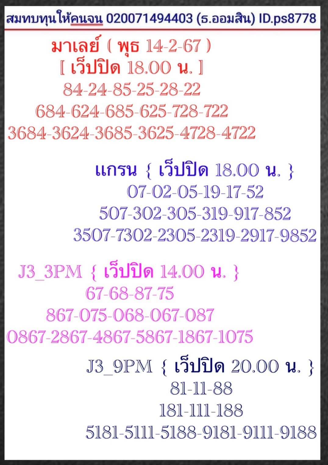 หวยมาเลย์วันนี้ 14/2/67 ชุดที่ 7