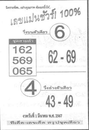 เลขแม่นชัวร์ 100% 1/3/67