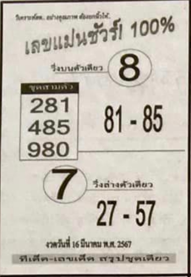 เลขแม่นชัวร์ 100% 16/3/67