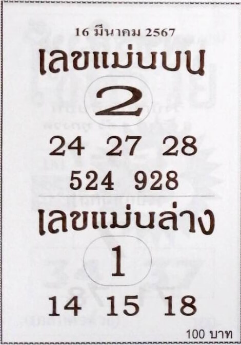 เลขแม่นบน แม่นล่าง 16/3/67