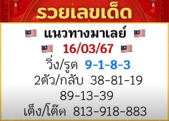 หวยมาเลย์วันนี้ 16/3/67 ชุดที่ 4