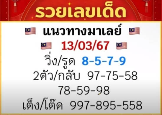 หวยมาเลย์วันนี้ 13/3/67 ชุดที่ 6