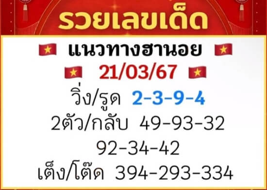 หวยฮานอยวันนี้ 21/3/67 ชุดที่ 10